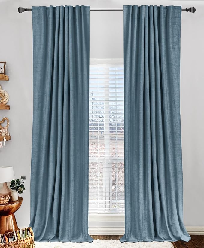 100% Blackout Shield Linen Blackout Curtains for Bedroom 102 Inches Long, Back Tab/Rod Pocket Living Room Drapes, Thermal Insulated Blackout Curtains 2 Panels Set, 50" W x 102" L, Stone Blue