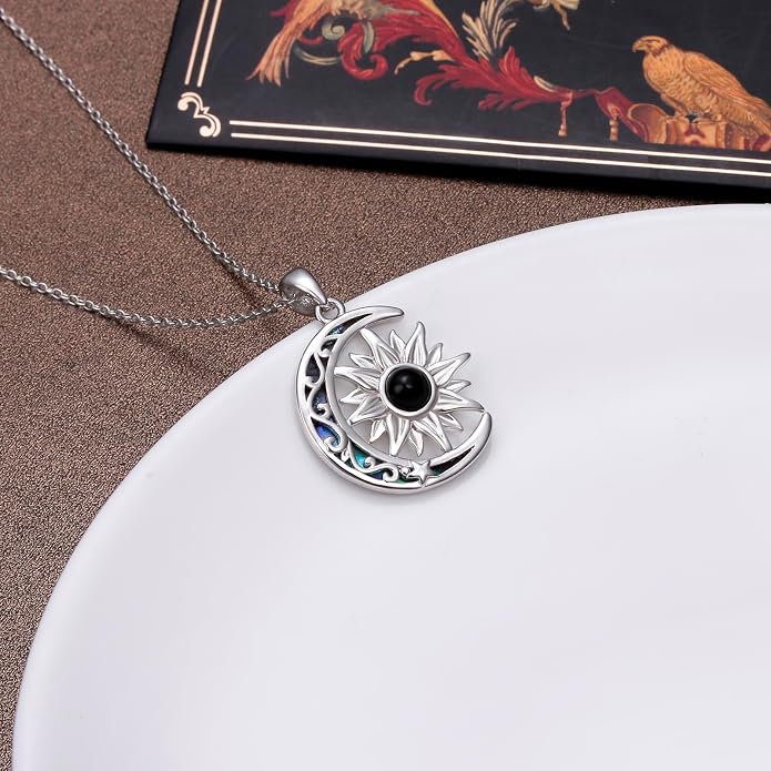 925 Sterling Silver Sun and Moon Necklace Abalone Shell Crescent Moon Sun Pendant Necklace Gemstone Jewelry Birthday Gifts for Women