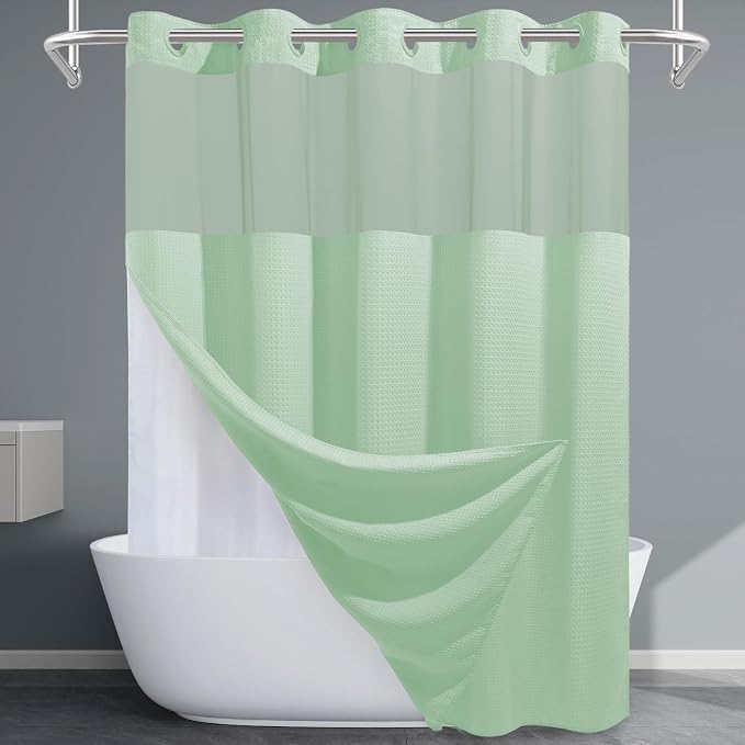 EUTXL Heavyweight Mint Green Long No Hook Shower Curtain with Snap in Liner,256GSM Waffle Weave Shower Curtains for Bathroom,71W x 86H