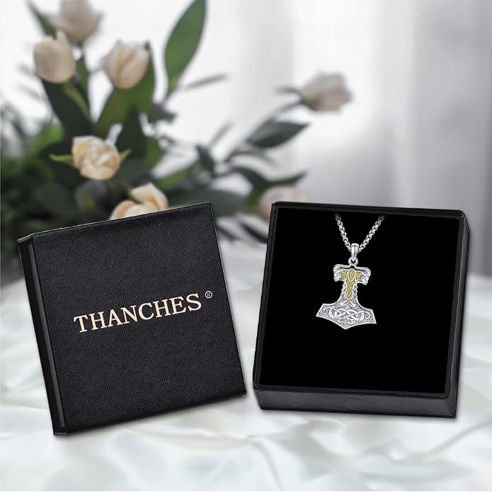 Viking Thor's Hammer Necklace for Men Women, S925 Sterling Silver Vintage Norse Talisman Mjolnir Necklace Amulet Pendant Jewelry Gifts with Sturdy Box Chain