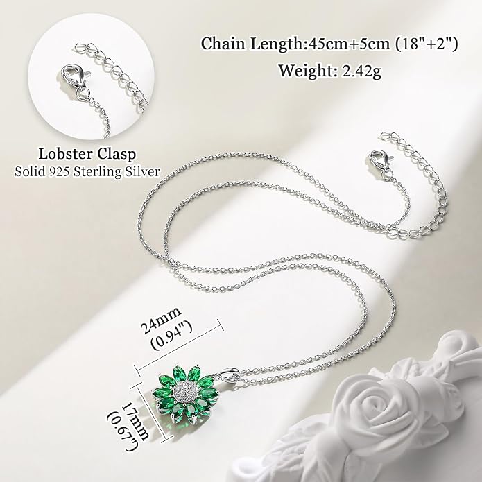 Dainty Sunflower Necklace 925 Sterling Silver Flower Pendant Necklaces for Women Birthstone Anniversary Jewelry