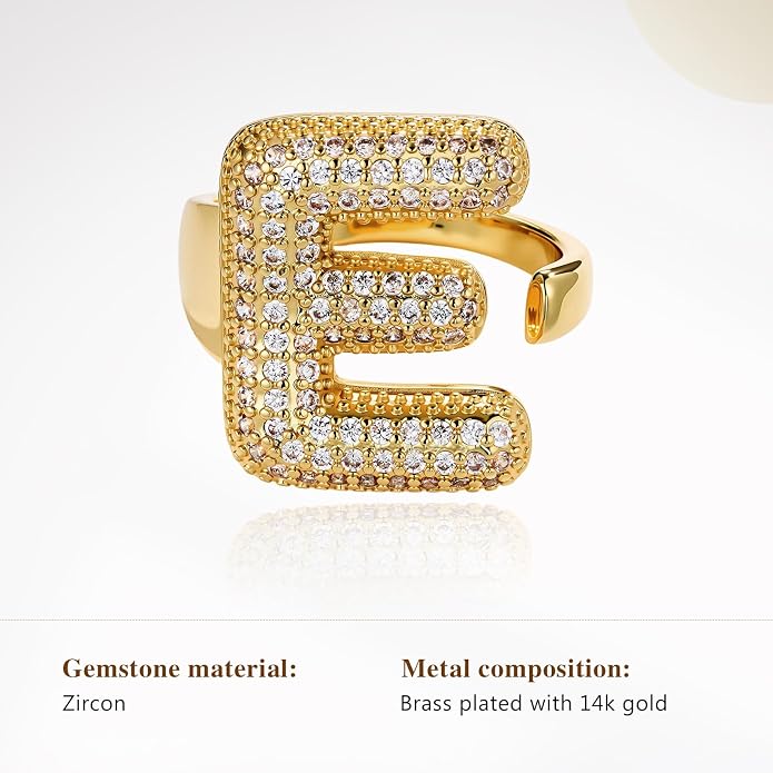 Cicy Bell Initial Rings for Women 14k Gold Plated Cubic Zirconia Delicate Letter Chunky Statement Open Rings Gifts for Her