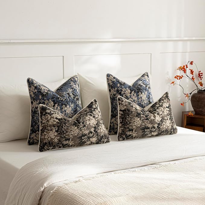 DEZENE Pack of 2 Vintage Floral Euro Sham Covers 26x26 Boho Farmhouse Accents Chenille Square Decorative Throw Pillow Cases for Living Room Couch Bed Home Decor, Dusty Blue