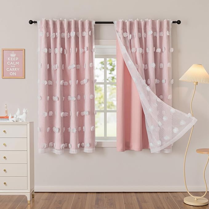 MYSKY HOME Pink Curtains for Girls Bedroom Nursery Curtain Double Layer White Pom Pom Sheer Window Panels for Kids Room Back Tab Room Darkening Window Drapes 63 Inches Length, W52 X L63, 2 Pieces