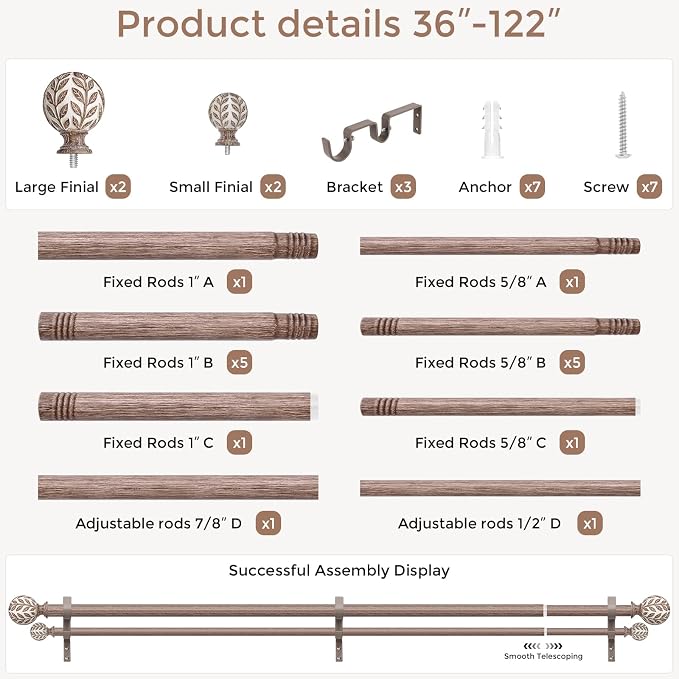 Boho Decorative Double Curtain Rod, 36-122 Inch, Weathered Wood | Handmade Wood Grain Leaf Finials, Heavy Duty Adjustable Long Rustic Metal Dual Layer Rods, 40 lb Capacity, Easy to Install