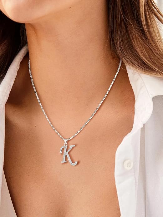 U7 Initial Necklace for Women, Gold/Platinum Plated CZ Crystal Letter A-Z Pendant Necklace, Shiny 20 Inch Name Chain Dainty Personalized Jewelry for Men Mom Wife Friend
