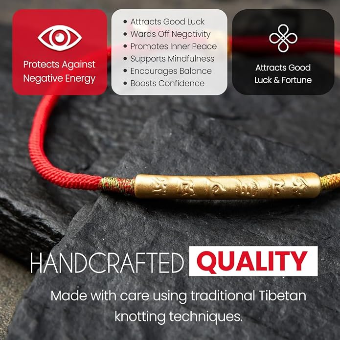 Buddha & Karma Tibetan Red String Bracelet - Handmade Buddhist Lucky Charm for Protection, Good Fortune & Positive Energy - Spiritual Bracelet for Men & Women - Adjustable Bracelets for Daily Wear