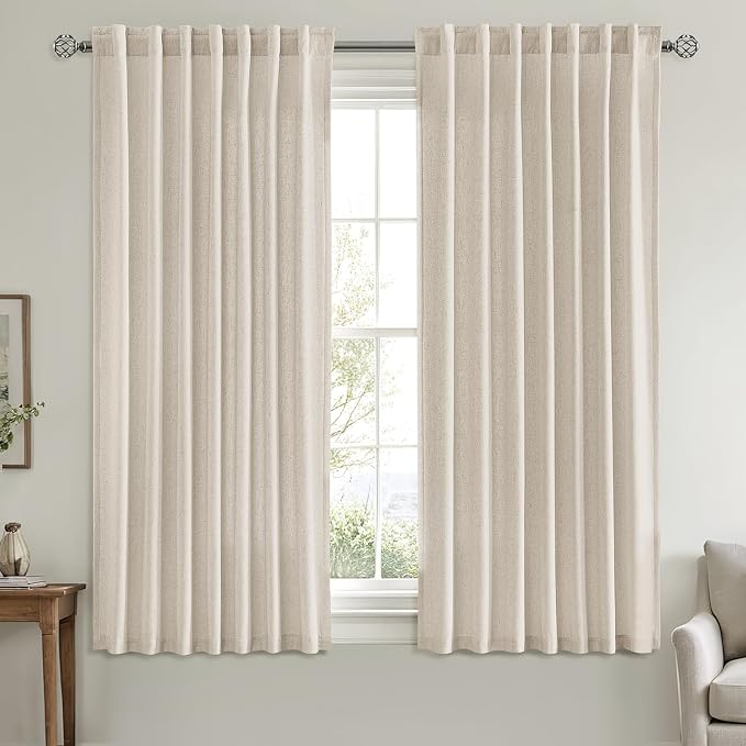 MIULEE Non-See-Through Privacy Linen Curtains 52W x 63L Inch Linen | 2 Panels, Light Filtering, Semi Sheer Window Curtains, Farmhouse Textured, Back Tab Drapes for Bedroom Living Room