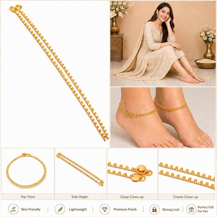 Jewar Anklet Payal Indian Traditional CZ Ad Plain Simple Handmade Natural Gold Plated Jewelry