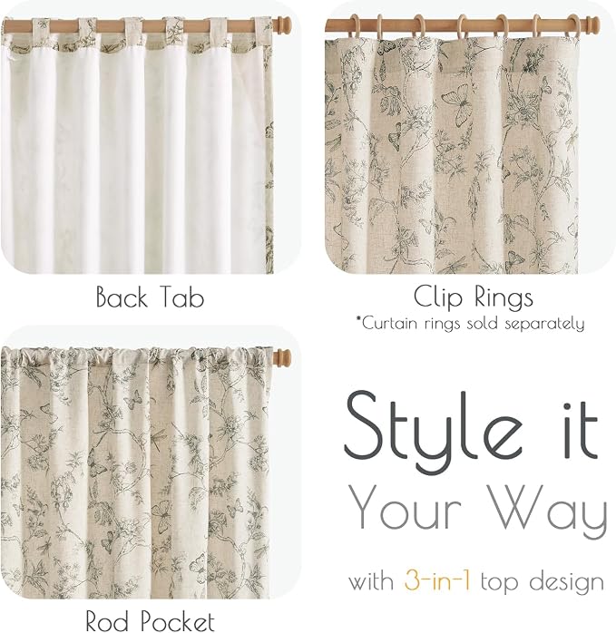 Lazzzy Charlotte Farmhouse Lined Linen Gray Floral Curtains 96 Inch Length Back Tab Drapes for Living Room Bedroom Light Filtering Country Vintage Rod Pocket, 2 Panels, Grey on Beige