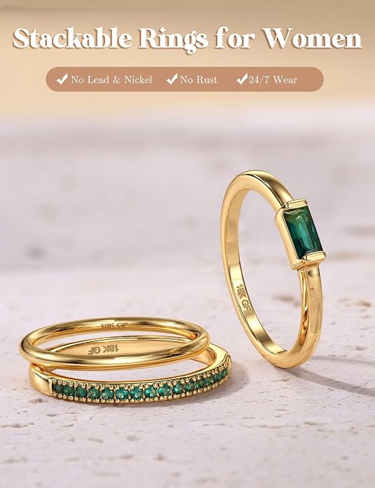 Gold Stackable Birthstone Rings for Women - 18K Gold Filled Non Tarnish Dainty Gold Stacking Rings Set - Cubic Zirconia Thumb Knuckle Ring Wedding Engagement Ring for her Gifts Size 6 7 8 9 10 3pcs