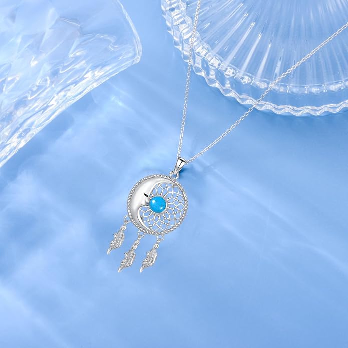 Dream Catcher Moonstone/Turquoise Necklace 925 Sterling Silver Moon Necklace Dream Catcher Pendant Necklace Dream Catcher Jewelry Moonstone/Turquoise Jewelry Sun Necklace Gifts for Women