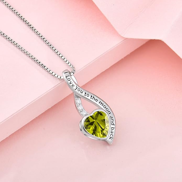 I Love You to The Moon and Back Necklace for Women, 925 Sterling Silver Heart Birthstone Pendant Necklace Jewelry Anniversary Birthday Gifts for Girls Women Wife Mom Daughter