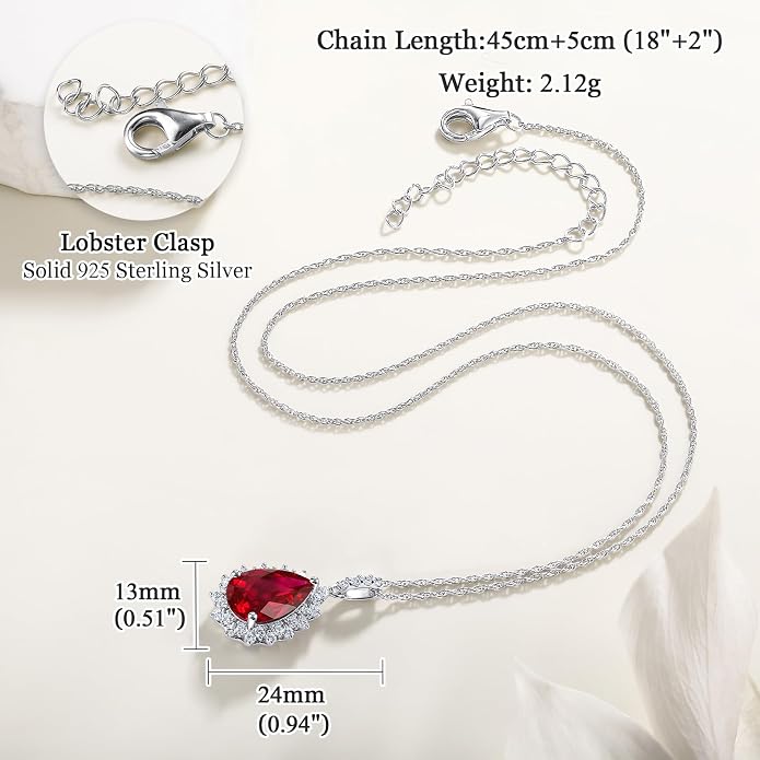 925 Sterling Silver Teardrop Necklace for Women Huge Created Gemstone Solitaire Halo Pendant Pear Cut Birthstone Necklace