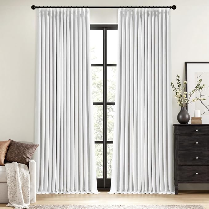 MIULEE White Pinch Pleated 100% Blackout Linen Curtains 90 Inch Length 2 Panels Set, Black Out Memory Trained Pleat Curtains Light Blocking Room Darkening Drapes for Bedroom Living Room Window