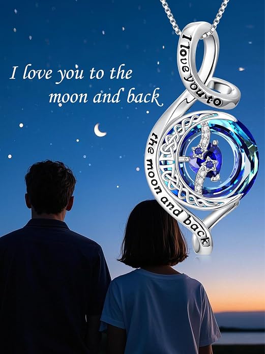 OCJ Birthstone Necklace for Women 925 Sterling Silver Moon and Star Pendant Infinity Celtic Moon Crystal Jewelry Anniversary Birthday Christmas Gift for Her Wife Girlfriend Mom Daughter