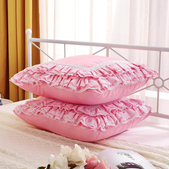 2-Pack Luxury Lace Pink Euro Shams Throw Pillow Covers Cushion Cases with Ruffles Cotton 26"X26" Zipper Closure Elegant