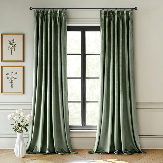 MIULEE Sage Green Velvet Curtains 90 inches Long, Pinch Pleated Blackout Drapes with Hooks, Thermal Insulated Pinch Pleat Panels for Bedroom Living Room, 2 Panels