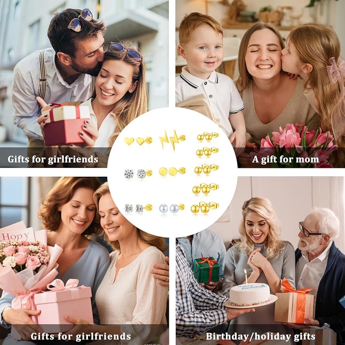Stud Earrings Set for Women, 14K Gold Plated Hypoallergenic Heart Pearl Ball Studs Pack 316L Stainless Steel CZ Earrings Multi-Style & Size 3-8mm