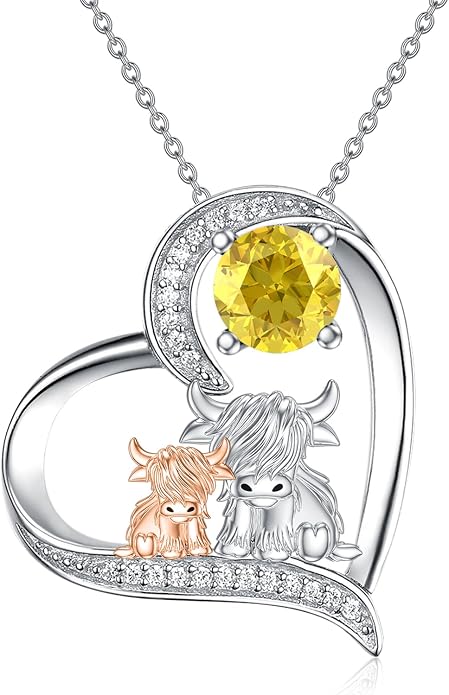 Highland Cow Gifts for Women 925 Sterling Silver Highland Cow Birthstone Necklace Fluffy Cow Jewelry Gifts Birthday Christmas