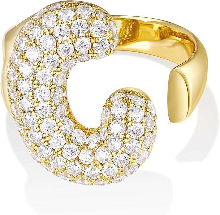 KissYan Bubble Initial Ring for Women, 14K Gold Plate Balloon Jumbo Letter Rings Open Adjustable Dainty Pave CZ Personalized Fashion Jewelry Gift for Mother's Day
