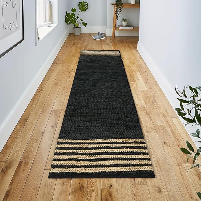 GRUHUM Jute Runner Rug 2'6"x 8' ft Natural Fiber Leather Black Jute Area Rug Handwoven Boho Farmhouse Braided Rustic Vintage Ecofriendly Indoor Rugs for Kitchen Living Room Bedroom Hallways Entryways