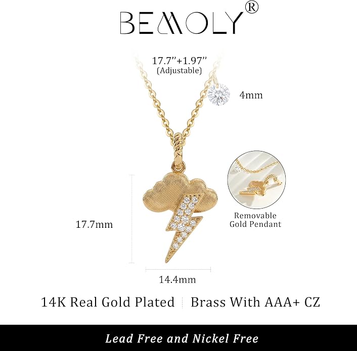 Fashion Dainty Necklace for Women - 14K Gold Plated Detachable Pendant with Cubic Zirconia Accent, Hypoallergenic Layering Jewelry for Women, Trendy Storm Charm Necklace for Daily Wear & Gifting