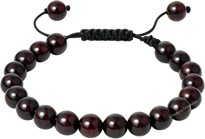 Amazing Gemstone Garnet in Arfvedsonite Bracelet, Gifts for Men & Women - Protection Healing Crystal Bracelet - 8mm Gemstone Beaded Adjustable Bracelet, Pulseras para Hombres Mujer Stocking Stuffers
