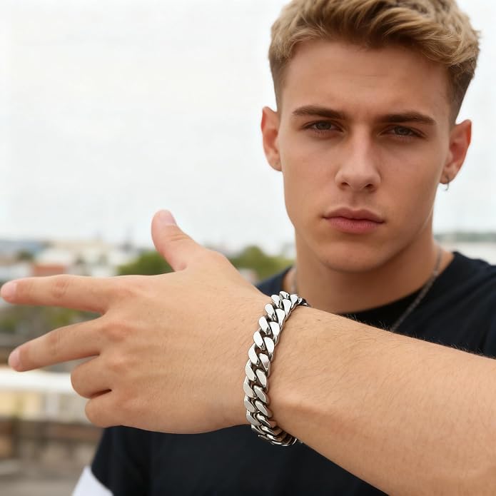 CaptainSteeL Cuban Link Chain Bracelet for Men- 316L Stainless Steel 9/10MM Width Fashion Pattern Snap Button Hip Hop Jewelry,Two Style Cuban Bracelets 18K Gold Plated/Stainless Steel with Gift Box