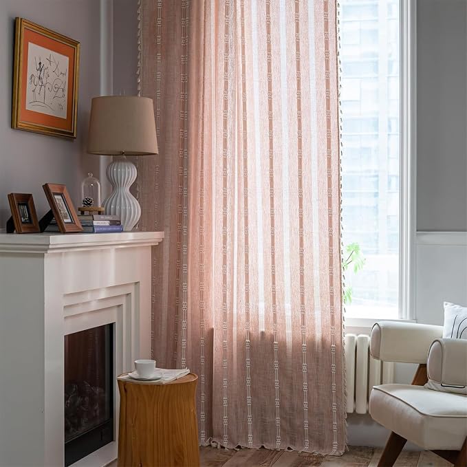 ColorBird Pink Boho Curtains for Girls Bedroom Decor Farmhouse Striped 84 Inches Length 2 Panels Set Window Curtains & Drapes for Nursery