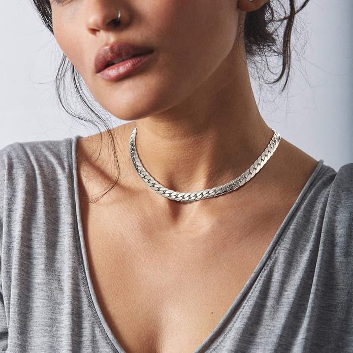 FindChic Black/14K Gold Plated Herringbone Choker Chain Necklace for Women | Waterproof Stainless Steel, Dainty Layering, Flat Snake Chain, Non-Tarnish, Hypoallergenic, Adjustable Extender, Gift Box