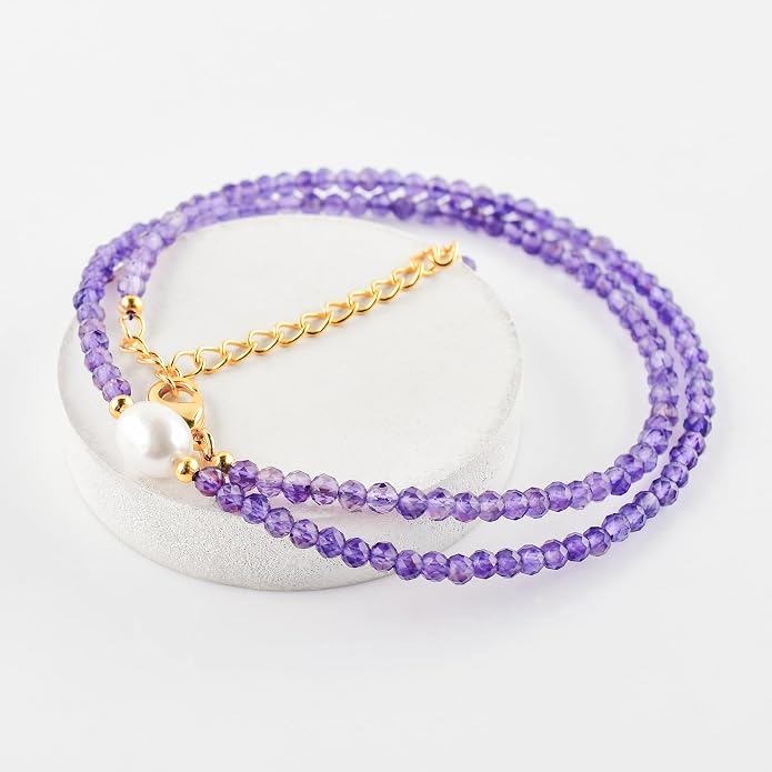 InfinityGemsArt Gemstone Gold Necklace For Women, Birthstone Natural Crystal Stone With Freshwater Pearl Beaded Jewelry, Gold Plated 18 Inch Chain