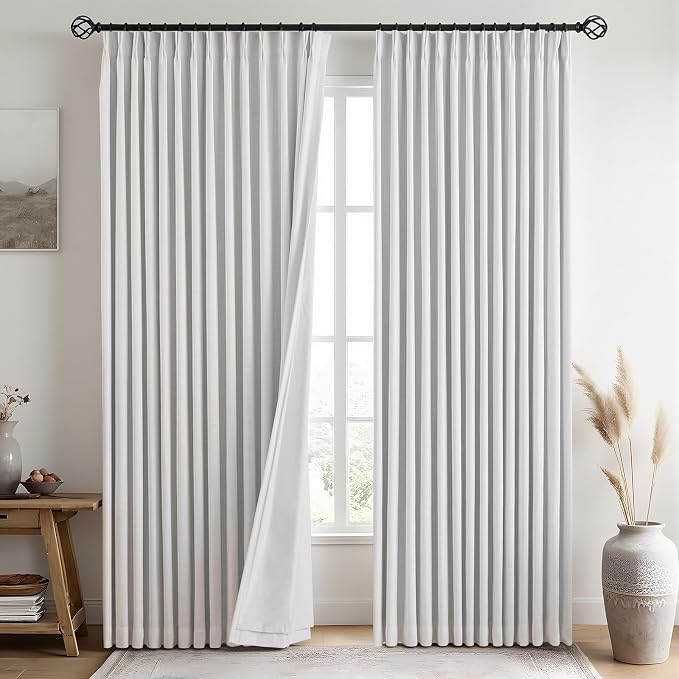 IVAPUPU Linen Pinch Pleated Blackout Curtains for Bedroom - Full Black Out White Curtains 90 Inch 2 Panels Set for Living Room Darkening Thermal Window Curtain Drapes with 16pc Hooks