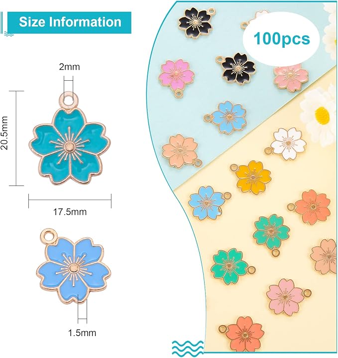 DanLingJewelry 100pcs Random Color Enamel Flower Charms Pendant Cherry Blossoms Charms for Women Girls Necklace Earring DIY Jewelry Accessories