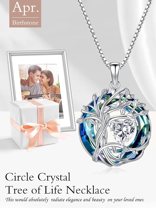 TOUPOP Tree of Life Birthstone Necklace Sterling Silver Pendant Birthstone Necklaces with Blue Crystal Anniversary Birthday Jewelry for Women Mom Wife Her