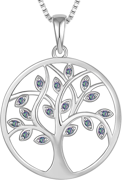 YL 925 Sterling Silver Tree of Life Necklace for Women Round Tree Pendant Birthstone Jewelry for Mom