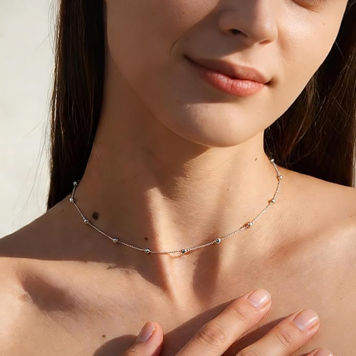 EPIRORA Choker Necklace for Women 925 Sterling Silver Gold Plated Dainty Satellite Bead Chain Pendant Minimalist Jewelry, 16''+2"
