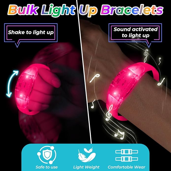 24 Pack Light UP Bracelets Sound Activated Flashing Wristbands Music Control Glow in the Dark Bracelets for Rave Game Prizes Carnival Concerts Night Events Mardi Gras Party Favors