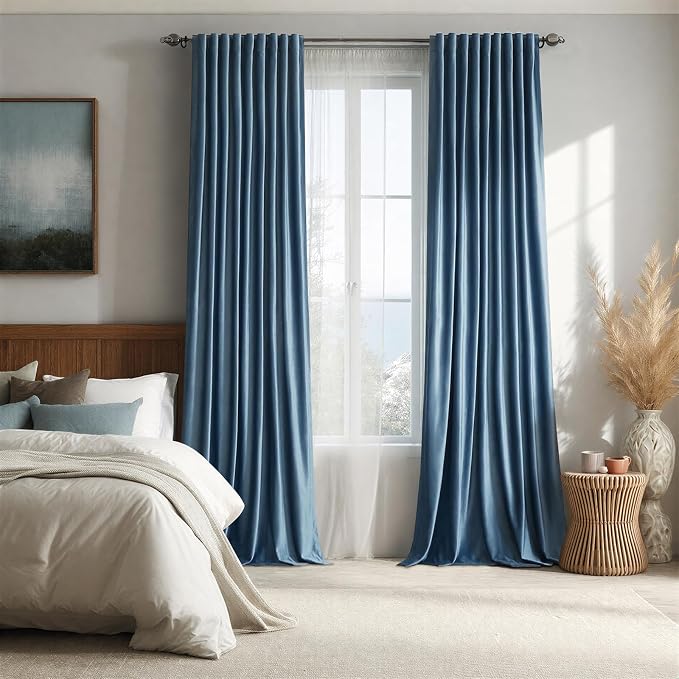 PRIMROSE 100% Full Blackout Velvet Curtains 120 inch Long for Living Room,Set of 2 Stone Grayish Blue Liner Rod Pocket Back Tab Thermal Window Curtains Room Darkening Curtains Drapes for Bedroom