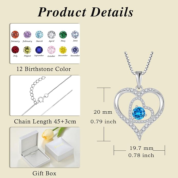 Love Heart Necklace for Women 925 Sterling Silver Birthstone Pendant Necklace Dainty Jewelry for Women Wife Mother Christmas Birthday Mother's Day Gift