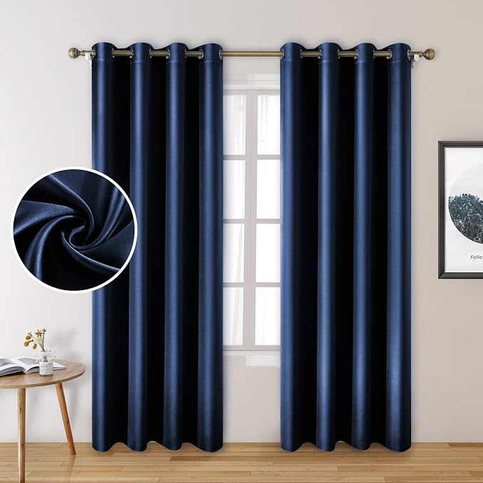 HOMEIDEAS 2 Panels Navy Blue Faux Silk Blackout Luxury Curtains, 52 X 84 Inch Room Darkening Satin Thermal Insulated Window Drapes for Bedroom Decor, Indoor