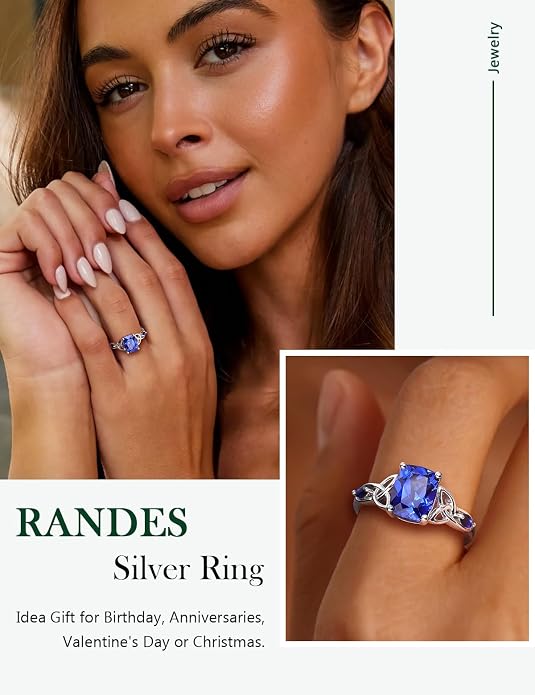 925 Sterling Silver Birthstone Rings for Women Cushion Cut Engagement Celtic Knot Ring Irish Jewelry Created Gemstone Anniversary Rings Size 6-10(with Box)