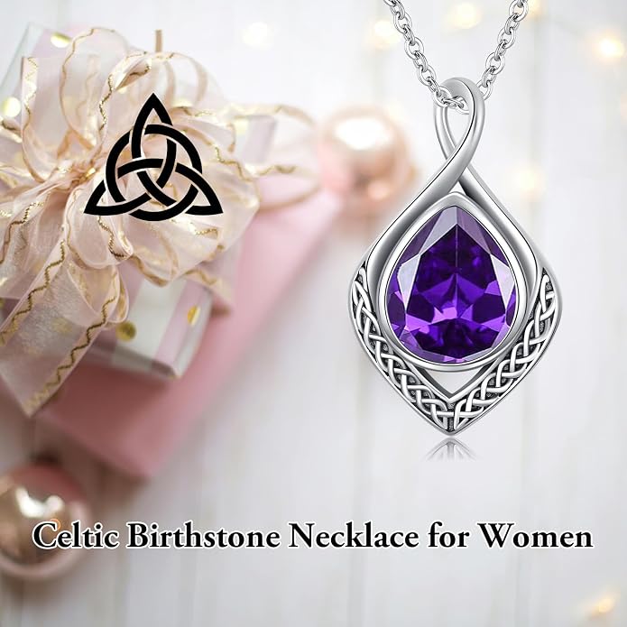 PELOVNY Celtic Knot Necklaces for Women 925 Sterling Silver Gemstone/Birthstone Teardrop Infinity Necklace Irish Celtic Pendant Jewelry Gifts for Mom Daughter Wife