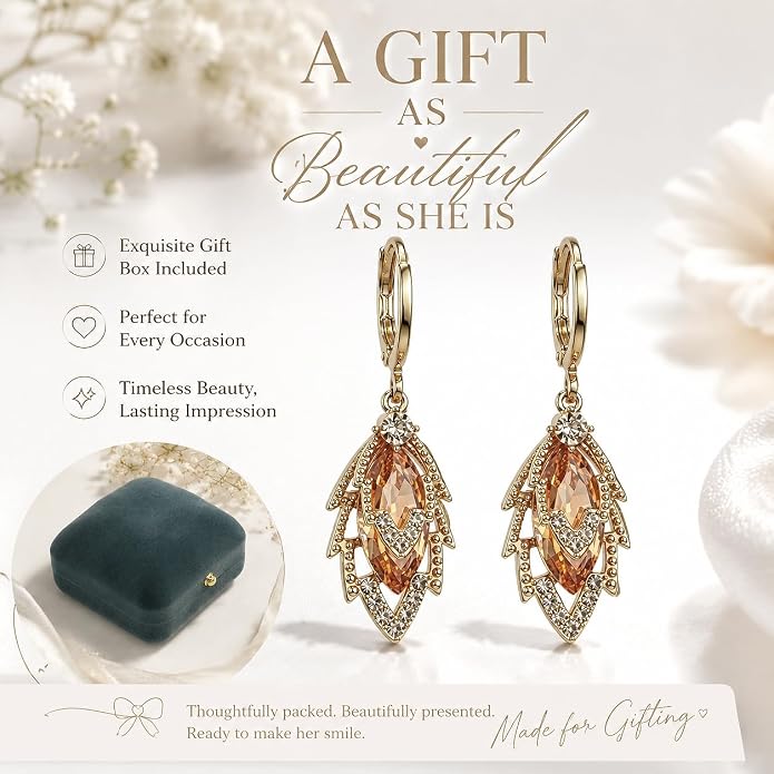 14K Gold Plated Dangle Drop Earrings, Hypoallergenic Cubic Zirconia Crystal Teardrop Leaf & Feather Earrings, Vintage Long Linear Threader Chandelier Statement Jewelry for Women Wedding Party Gifts