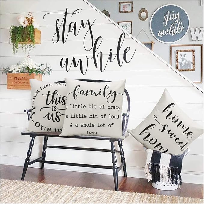 Farmhouse Pillow Covers Family Throw Pillow Case Our Happy Place Home This is Us Quote Cushion Cover for Couch Sofa Cotton Linen 18x18 Set of 4 Housewarming Gifts