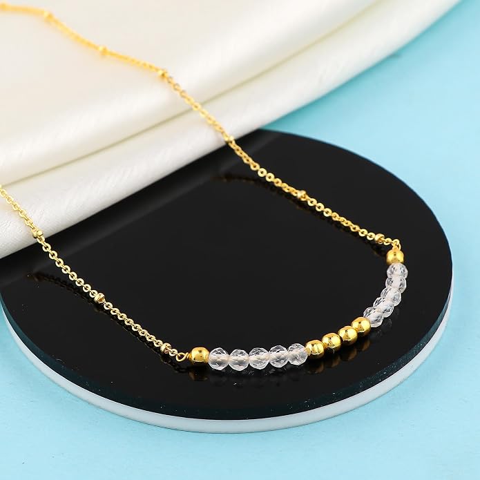 Satellite Chain Necklace 16+2 Inch Gold Plated – Dainty Layering Jewelry with Gemstone Beads – Minimalist Choker Necklace for Women – Delicate Gift for Her