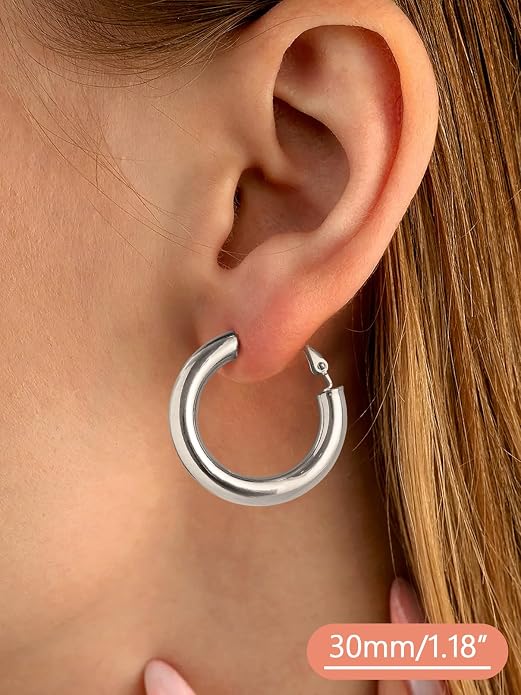 FaithHeart Chunky Hoop Earrings for Women, Silver/Black/14K Gold Plated Stainless Steel Earrings 5mm Thick Hollow Tube Hoops Hypoallergenic Lightweight Earring 20/30/40/50/60/70/80mm