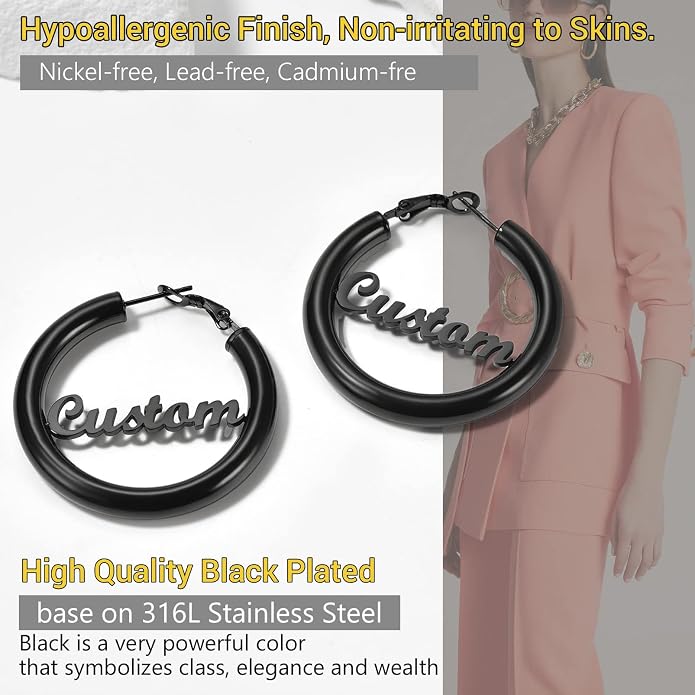 Stainless Steel Chunky Hoop Earrings For Women, Minimalist and Chic, Black/Gold Plated, Round Hoops Earrings Hypoallergenic, Size: 30mm/40mm/60mm/80mm, Come with Box