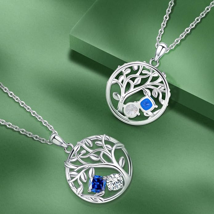Tree of Life Birthstone Necklace for Women 925 Sterling Silver Birthstone Pendant 12 Months Necklaces with Zircon Birthday Gifts for Women, Mom, Grandma Cable Chain 18"+2"