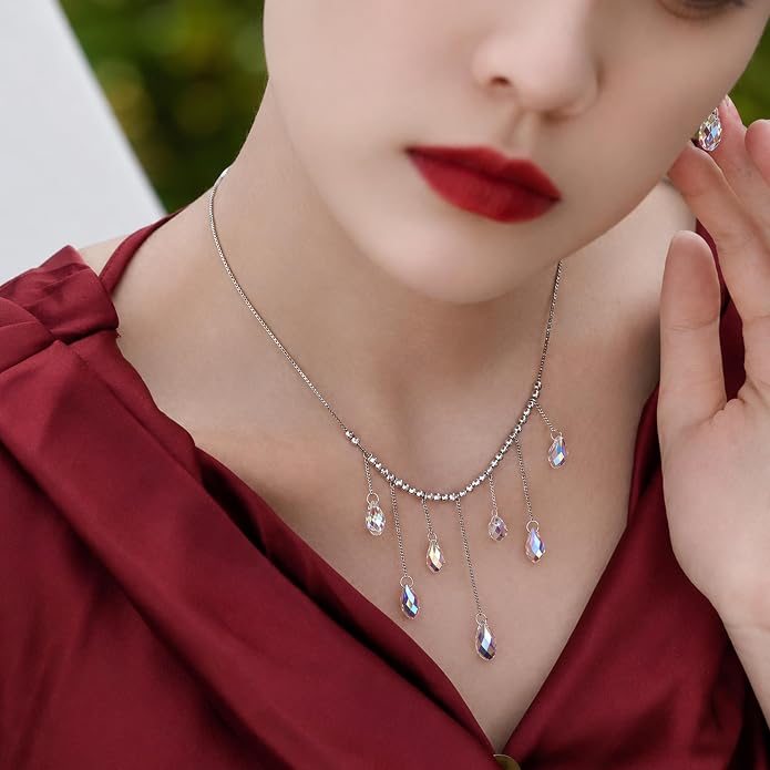925 Sterling Silver Handmade Crystals Rain Drop Tassel layered Pendant Boho necklace statement Chandelier shape Lobster Clasp Length Choker 18"+2" Ideal Gift for Women Ladies Dress accessories.